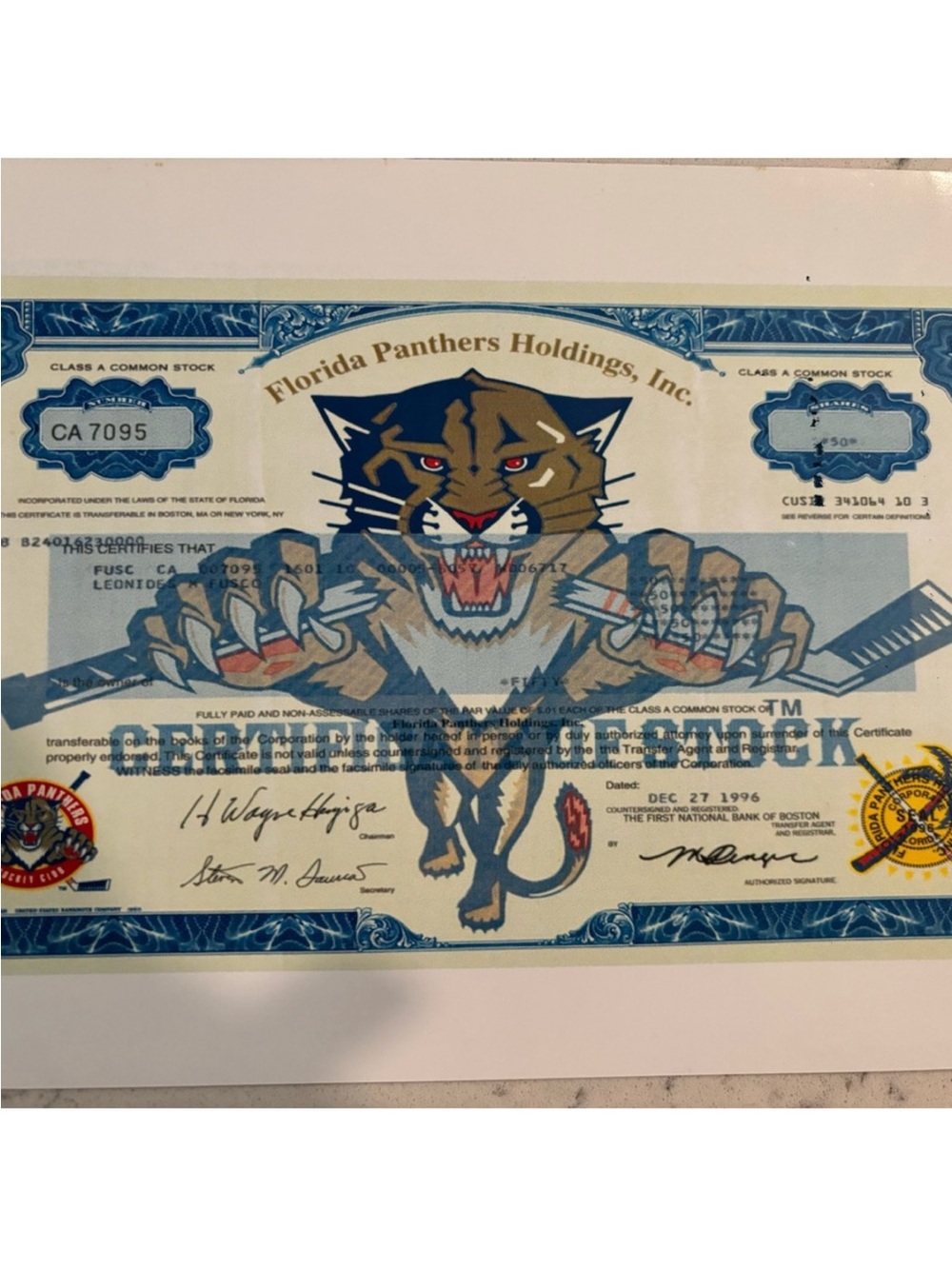 Florida Panthers Decorative Collectible Stock Certificate Print - Blue & Tan